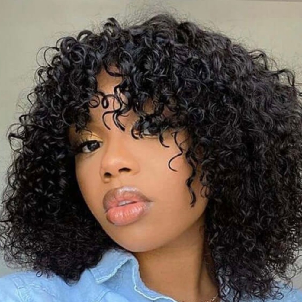 Jerry curly wig with bangs natural black color human hair wig full machine made